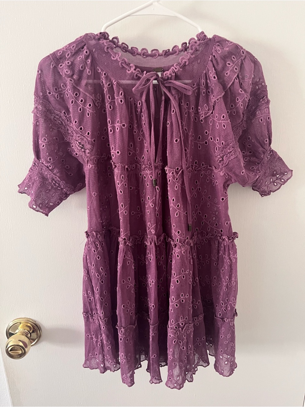 FREE PEOPLE Babydoll Mini Dress Eyelet Mesh Top Purple Lilac XS